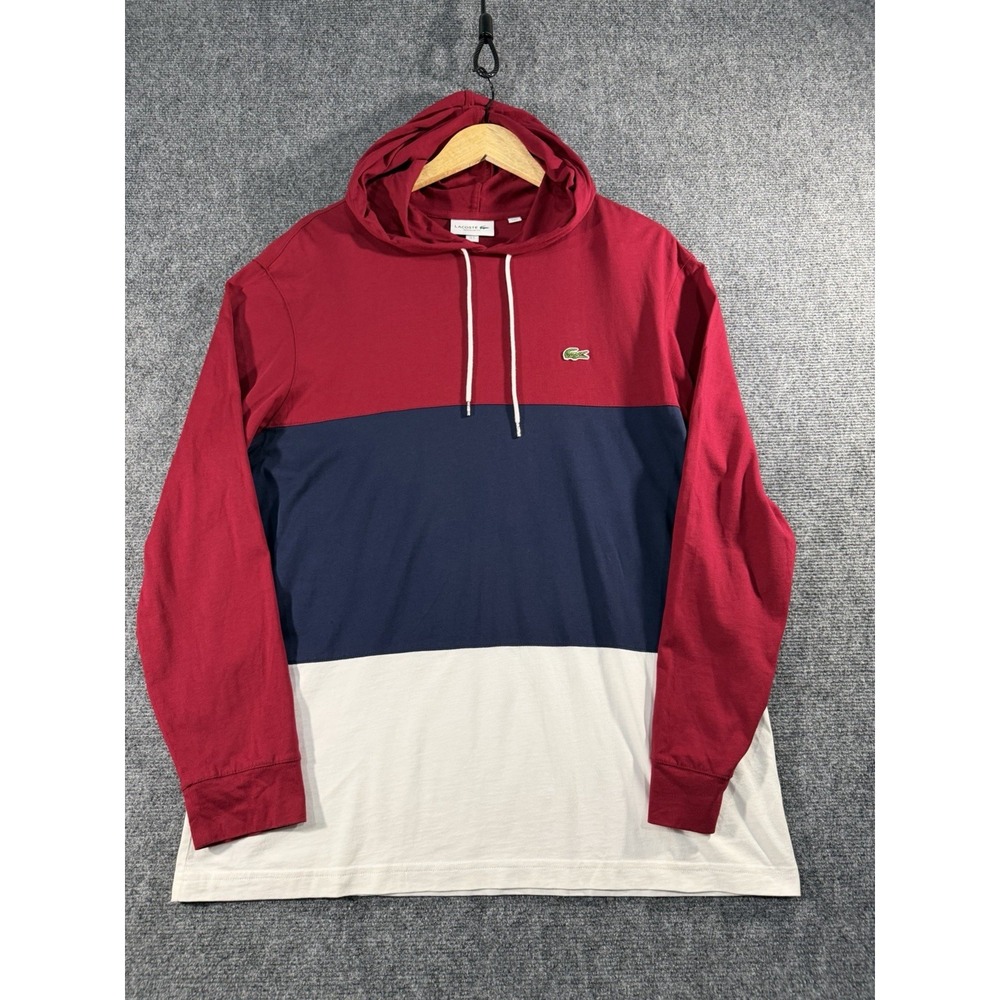 Lacoste Hooded Shirt Striped Long Sleeve Pullover Hoodie Red TH9349 Mens Large - Picture 2 of 14